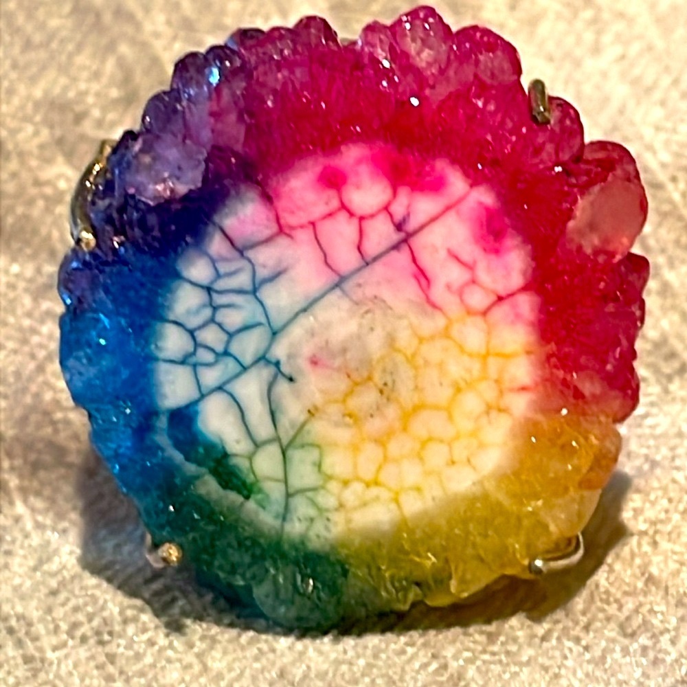 Rainbow Solar Quartz Geodesic Ring Size 7.75